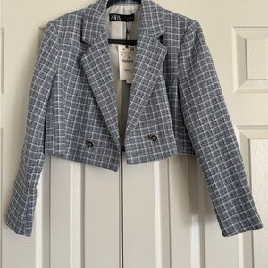 Zara Blue Checkered Women's Cropped Jacket